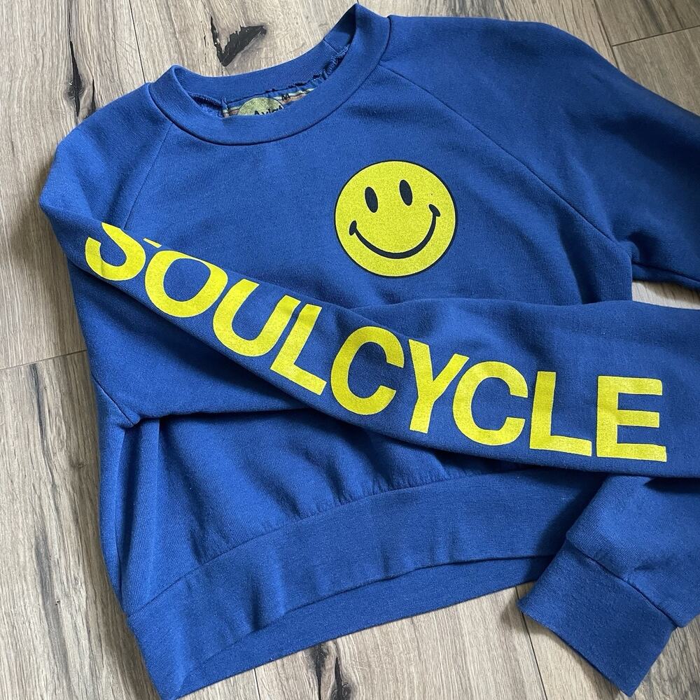Aviator Nation SoulCycle Size Medium Smiley Face Crop Sweatshirt Blue Crewneck - Picture 5 of 9